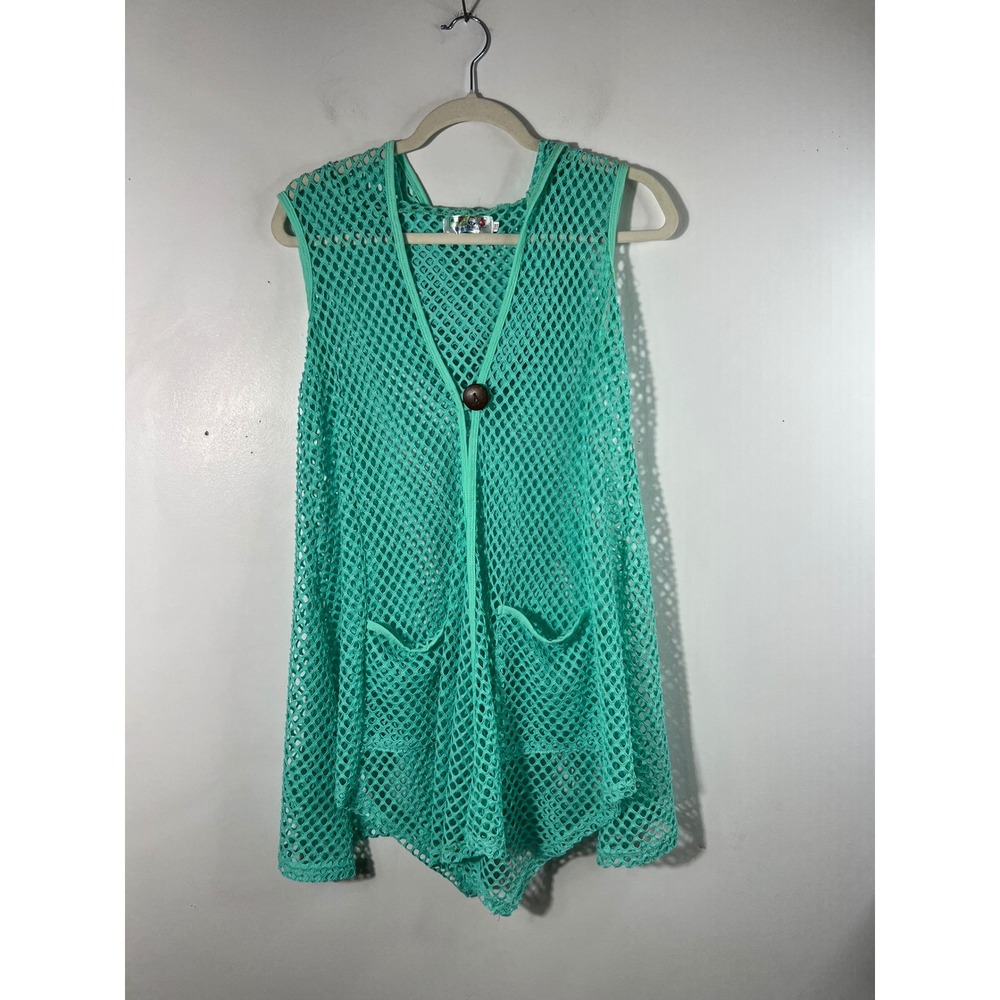 India Boutique Hooded Fish Net Button Vest Cover Green OS Lagenlook Pockets